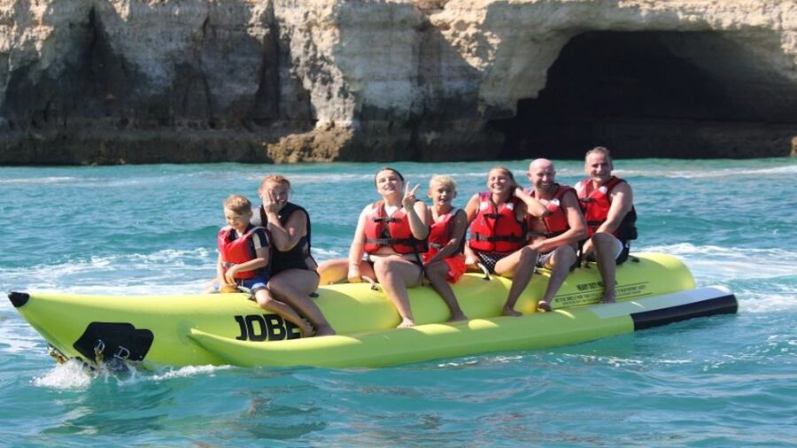 Armação de Pêra: Banana Boat Inflatable Ride - Getting Set Up: Life Jacket and Training Before You Splash