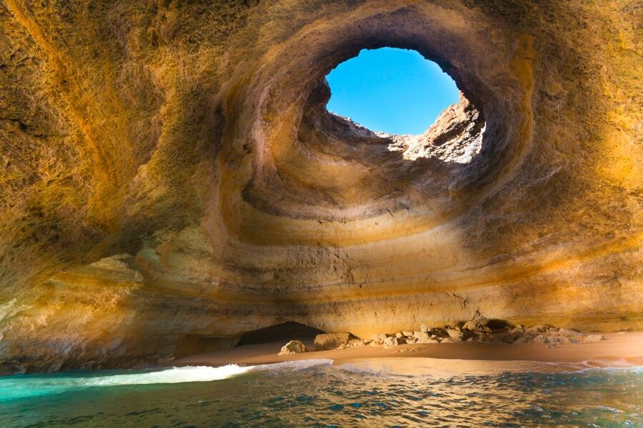 Daylight falling through the roof of the Benagil sea cave